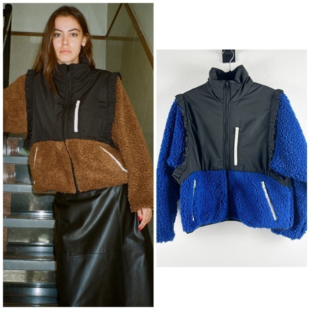 Sandy Liang Mia Two Toned Fleece Zip Up Ruffle Jacket Blue Size XS